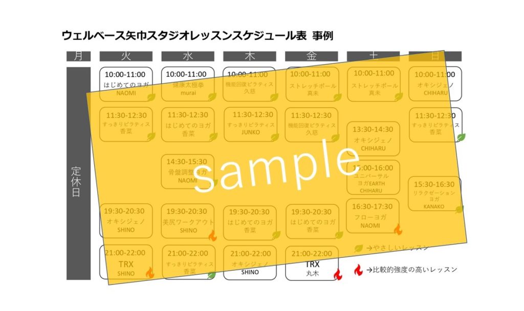 メディカルフィットネス ウェルベース矢巾のスタジオレッスンスケジュール事例